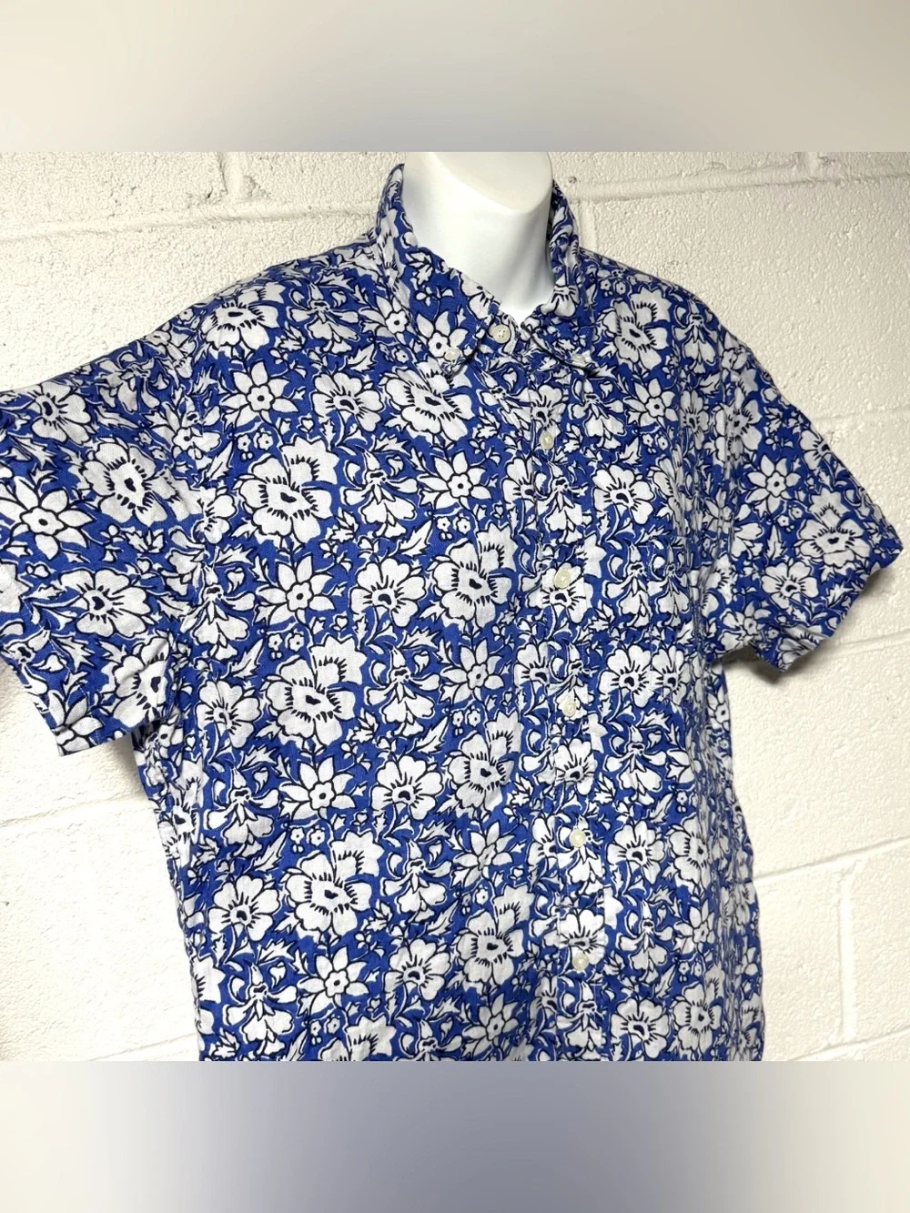 J.CrewSlim Linen Blend Button Down Camp Shirt Blue White Floral Short Sleeve